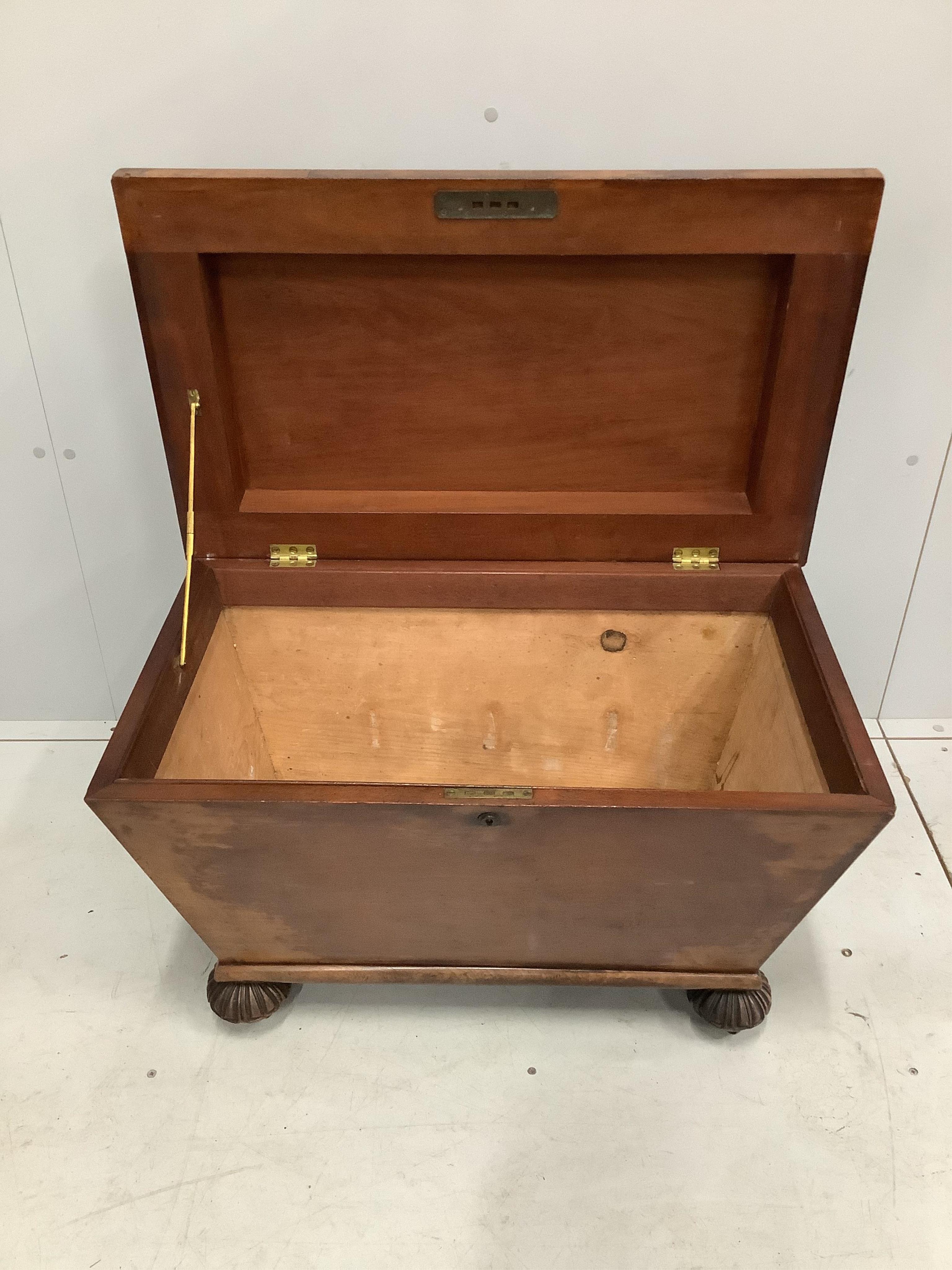 An early Victorian sarcophagus cellaret, (interior lacking), width 78cm, depth 47cm, height 49cm. Condition - fair